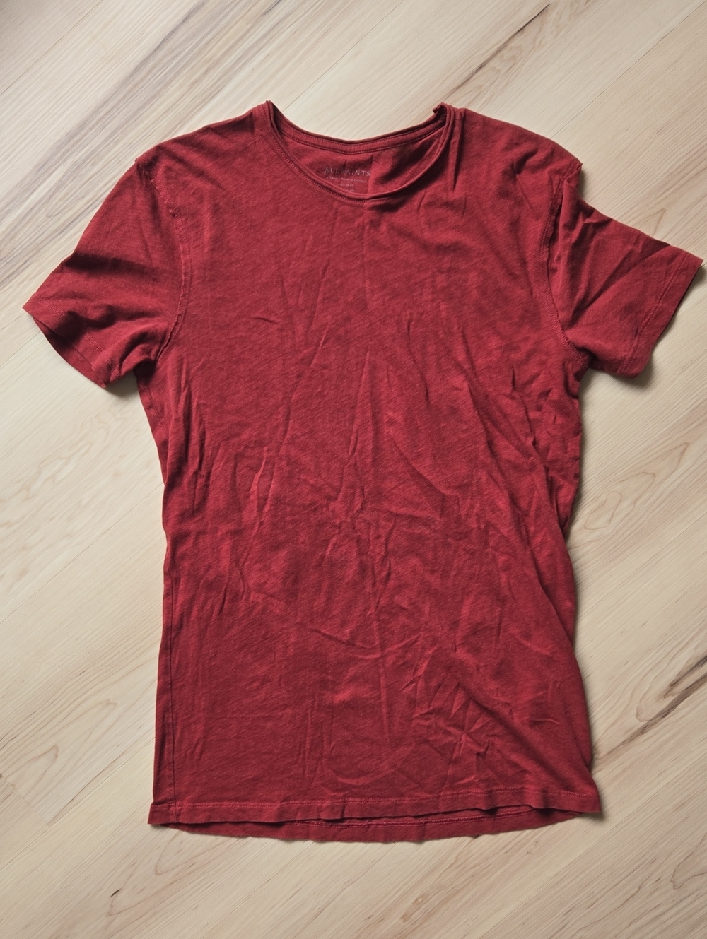 All Saints Figure Crew Neck Raw Edge T-Shirt, Maroon, Size XS